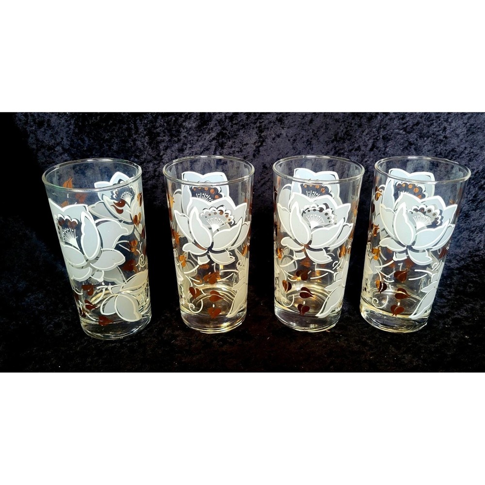 Vintage MCM White Lotus Highball Glasses Barware Gold Leaf Floral Dante Set 4